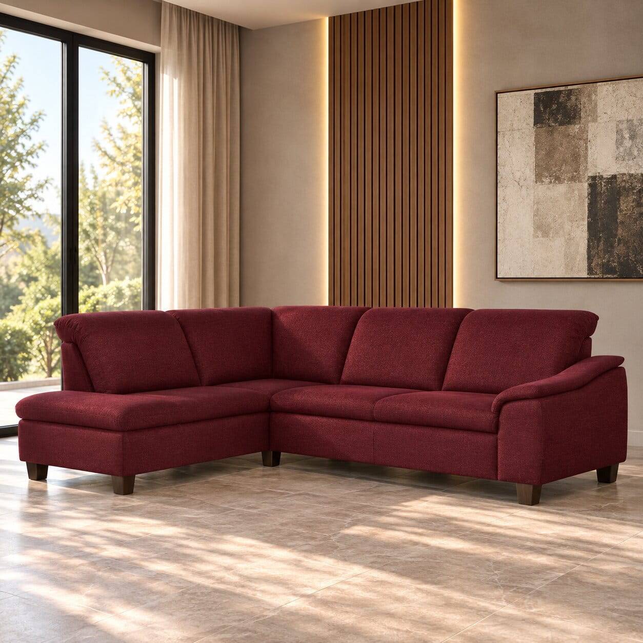Wohnzimmer Ecksofa in Rot mit Nussbaum - Capital
