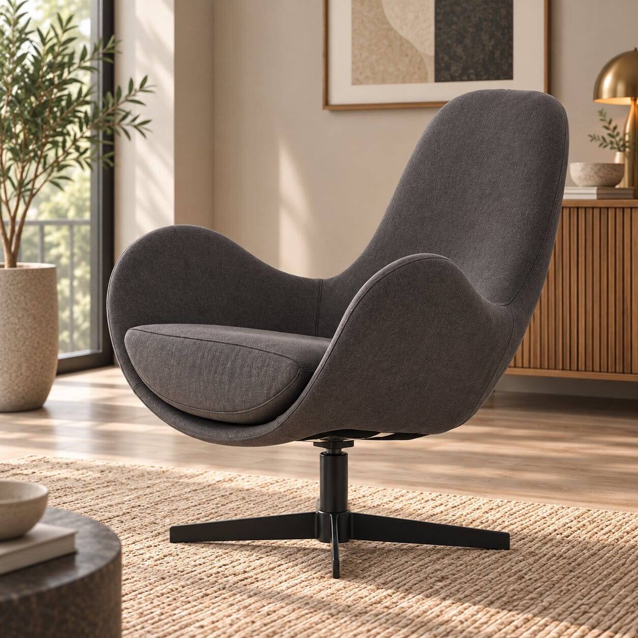 Retrodesign Sessel in Dunkelgrau Webstoff mit Kreuzgestell Schwarz