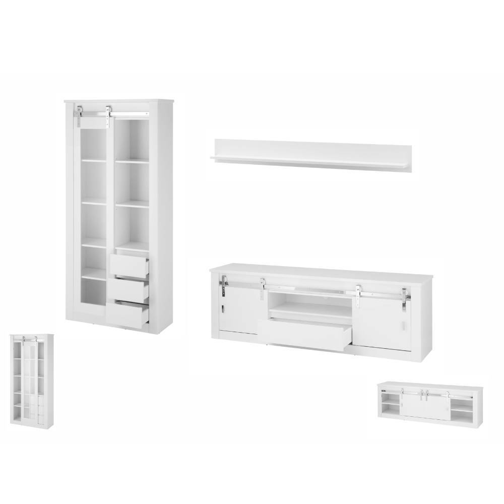 Weiße dreiteilige Wohnzimmer-Wohnwand modern mit Vitrine, Lowboard und Wandregal – Memphys