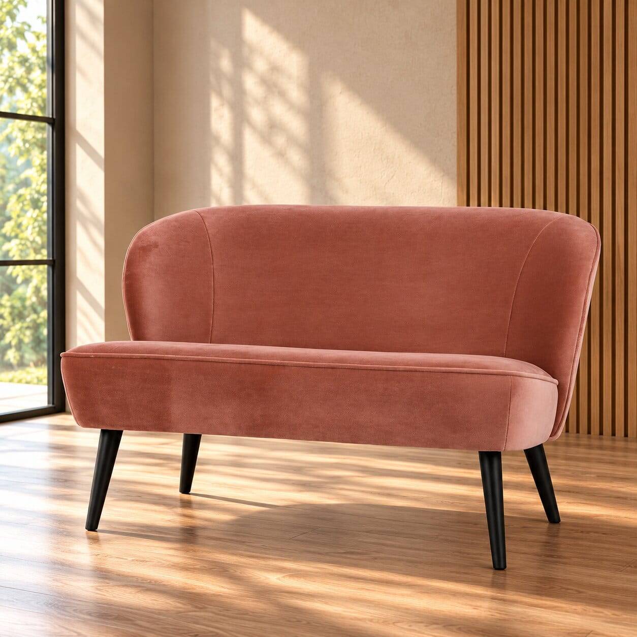 Retro rosa Samt Couch mit schwarzen Holzfüßen – Ismena