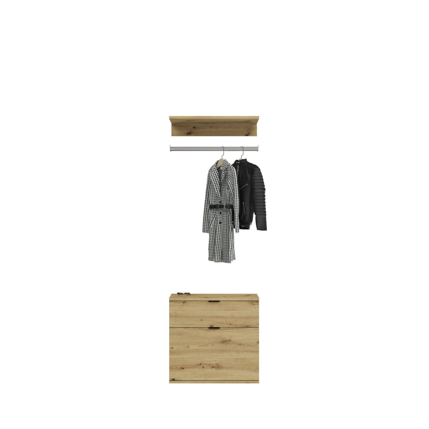 Einzelteile des Flurgarderobensets, wie Wandboard, Kleiderstange und Schuhkipper mit Klappfächern – Pretty