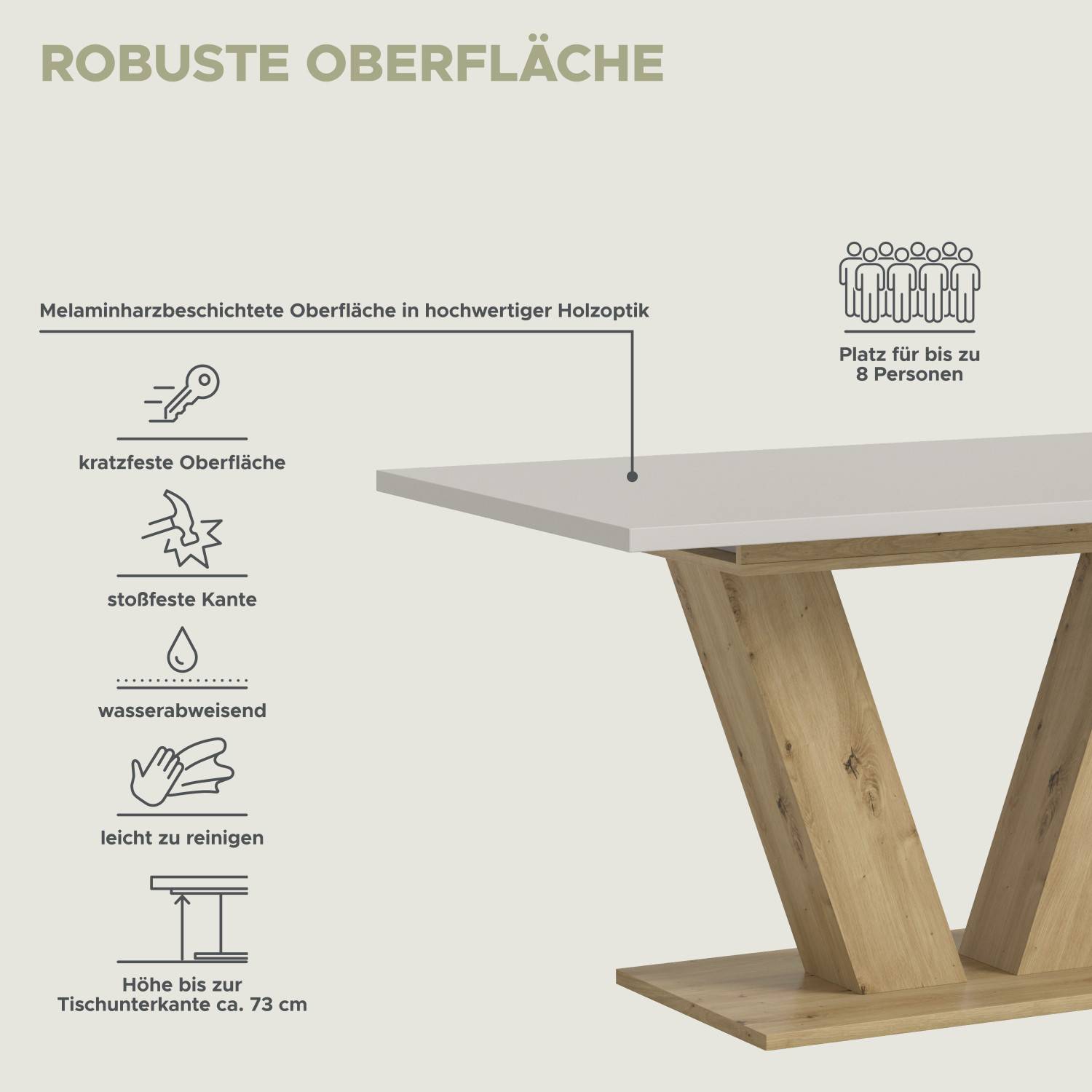 Robuste, kratzfeste und pflegeleichte Melaminharz-Oberfläche des modernen Esstisches für bis zu 8 Personen – Shalima