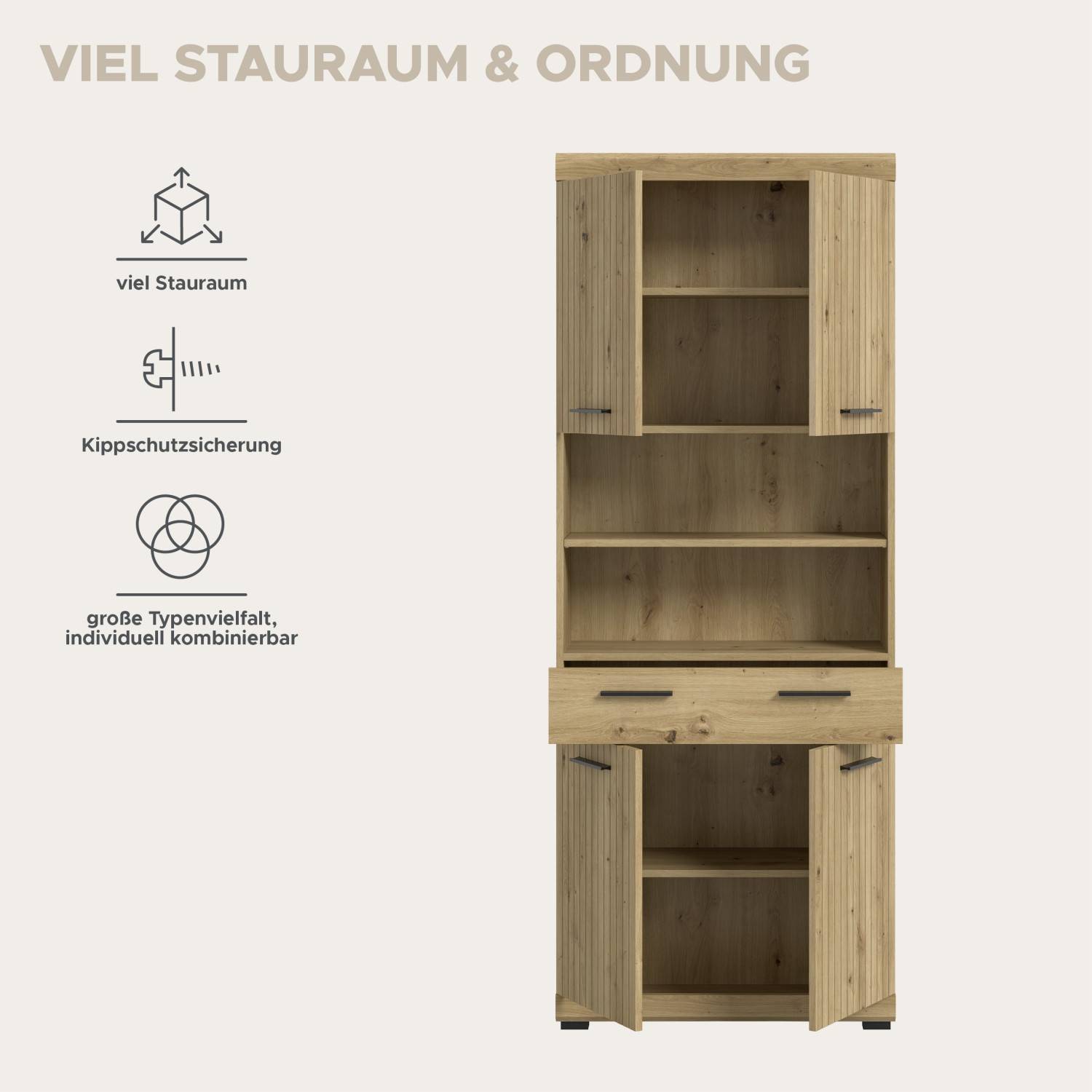 Viel Stauraum und Kippschutzsicherung für die hohe Holzkommode Lasewood – Lasewood