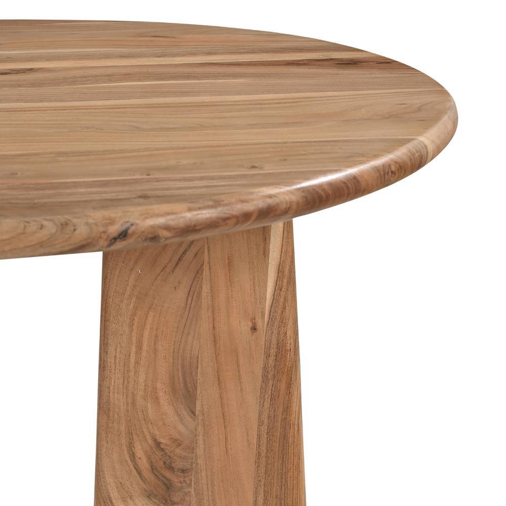 Robuste, runde Tischplatte aus Akazie Massivholz und massives Tischbein im Detail – Bagavano