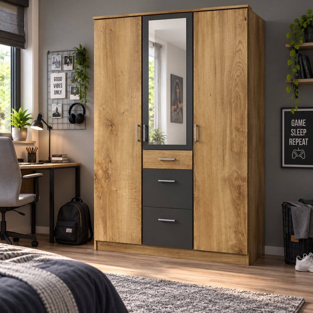 Drehtürenschrank in Plankeneiche Holzdekor - Leviza