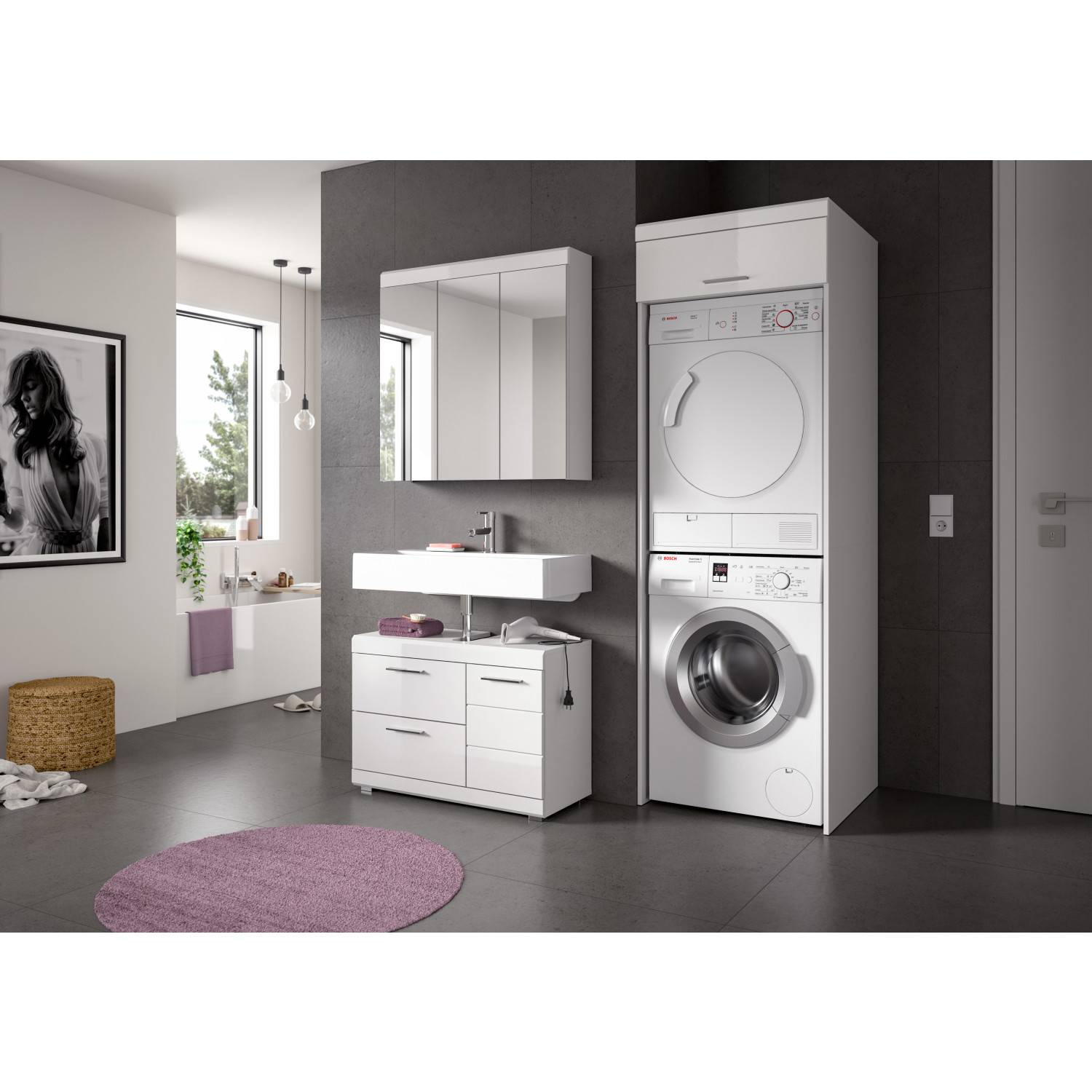 Komplettes weißes Badezimmermöbel Set mit Waschbecken, Spiegelschrank und Unterschrank im modernen Bad – Nanila