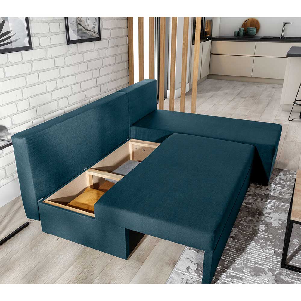 Ecksofa mit Bettfunktion in Dunkelblau Velours - Sempore