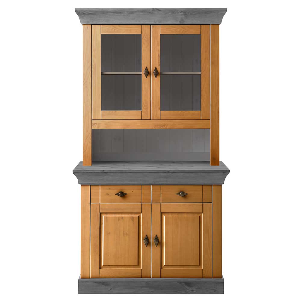 Landhaus Buffet aus Kiefer in Lauge und Grau mit Vitrine und Anrichte für Esszimmer – Eshelas