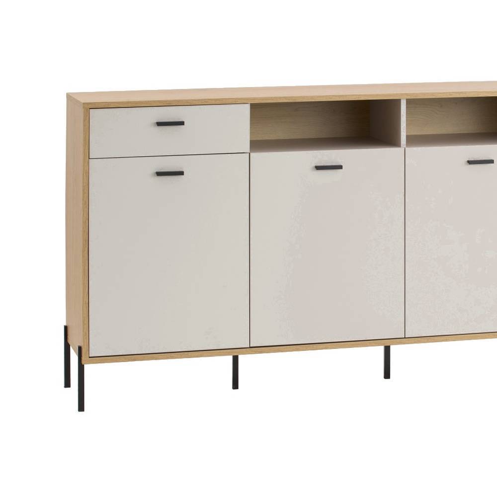 Hellgraue Schubladen und Türen des modernen Sideboards in Holzoptik mit schwarzen Griffen – Dasanti