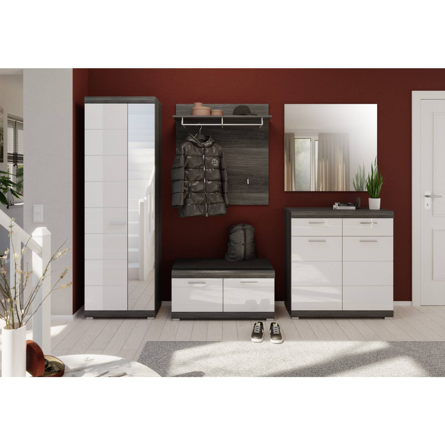 Dreiteiliges Garderobenset mit hohem Schrank, Schuhbank, Wandpaneel, Spiegel und Schuhkommode – Nancys