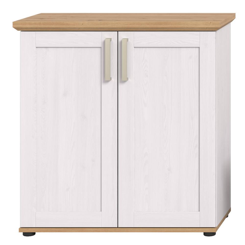 Zweitüriger Schrank in Weiß mit heller Holzplatte, ideal für das Wohnzimmer – Tocella