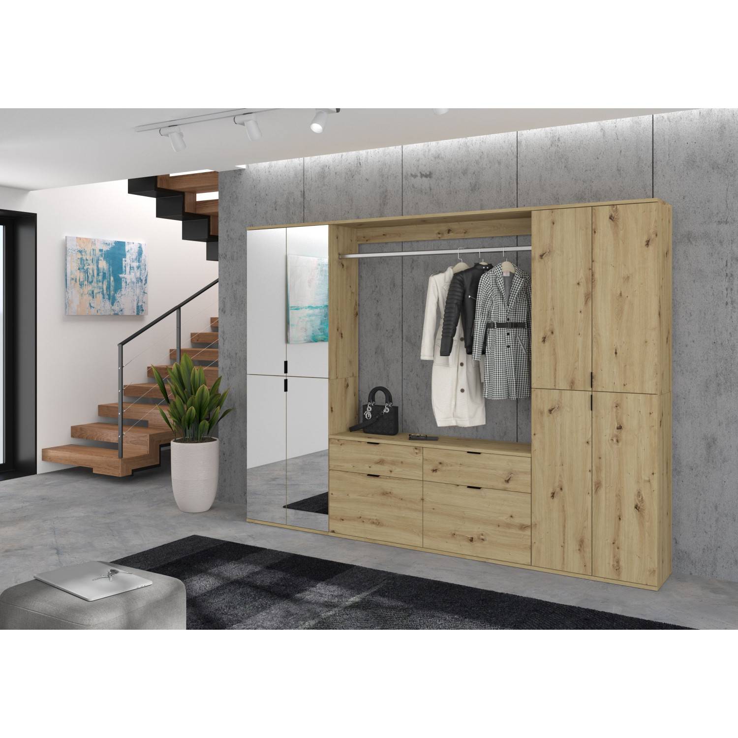 Komplette Schuhgarderobe in Sonoma Eiche Nachbildung mit Spiegeltür, offener Kleiderstange und Schubladen für den Flur – Pretty