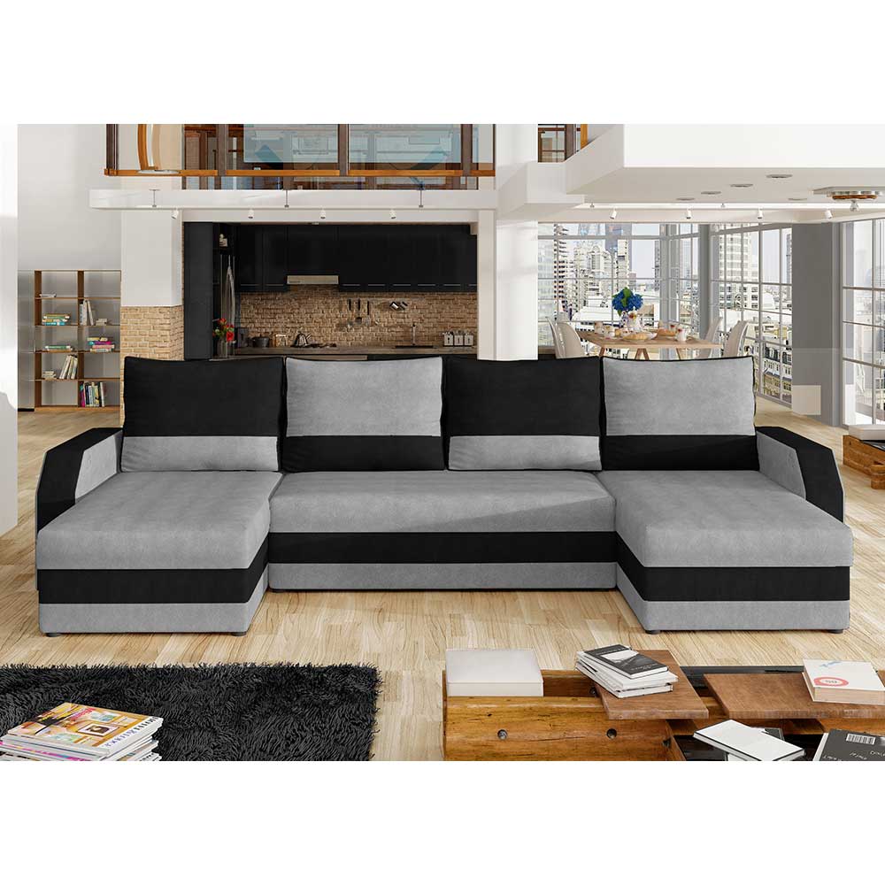 U-Sofa in Hellgrau und Schwarz - Abeigh