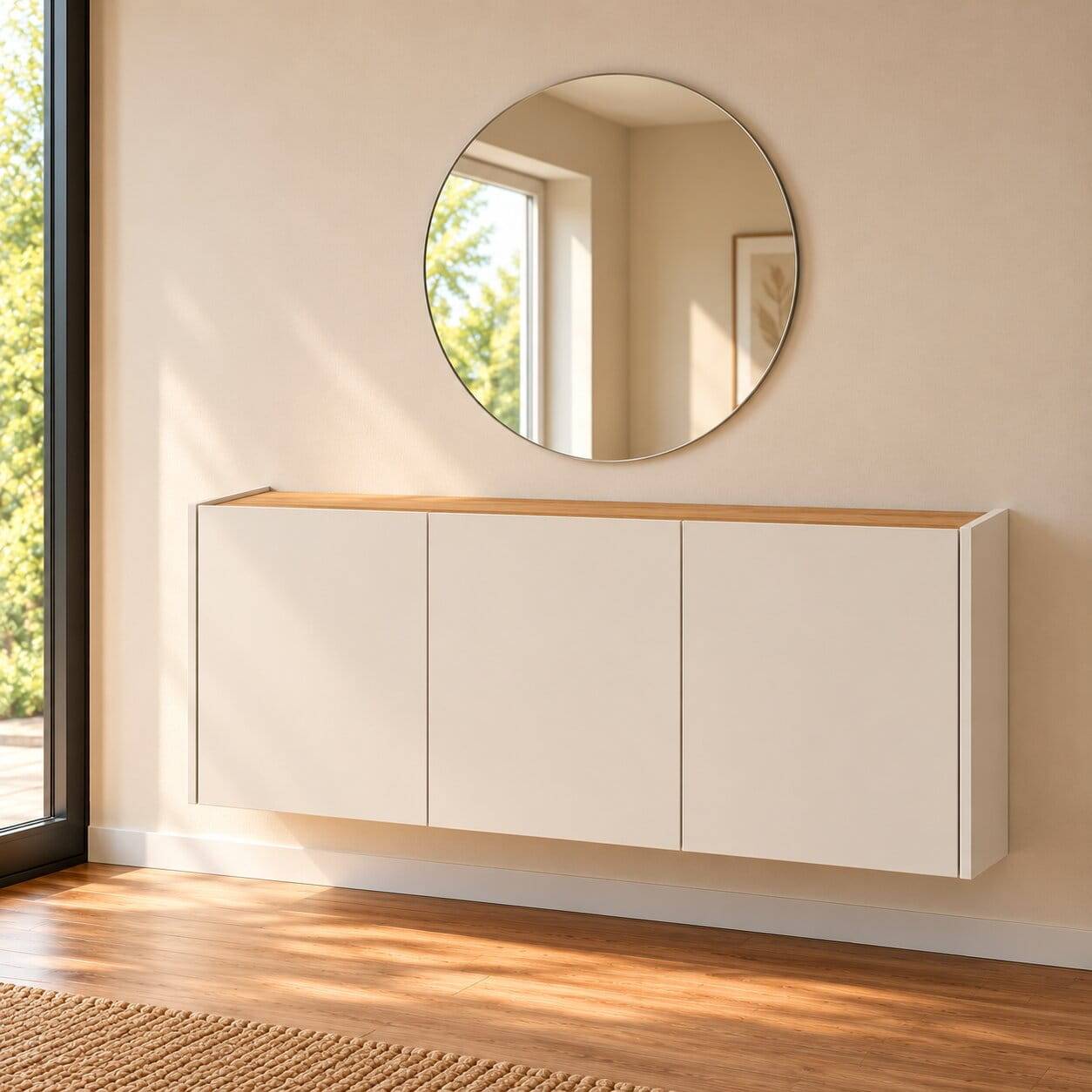 Dielenschrank & Rundspiegel modern - Unika (zweiteilig)