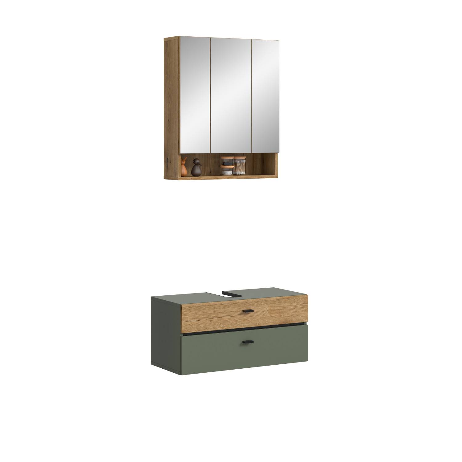 Zweiteiliges Badezimmermöbel Set mit Spiegelschrank in Holzoptik und grünem Unterschrank – Jubby