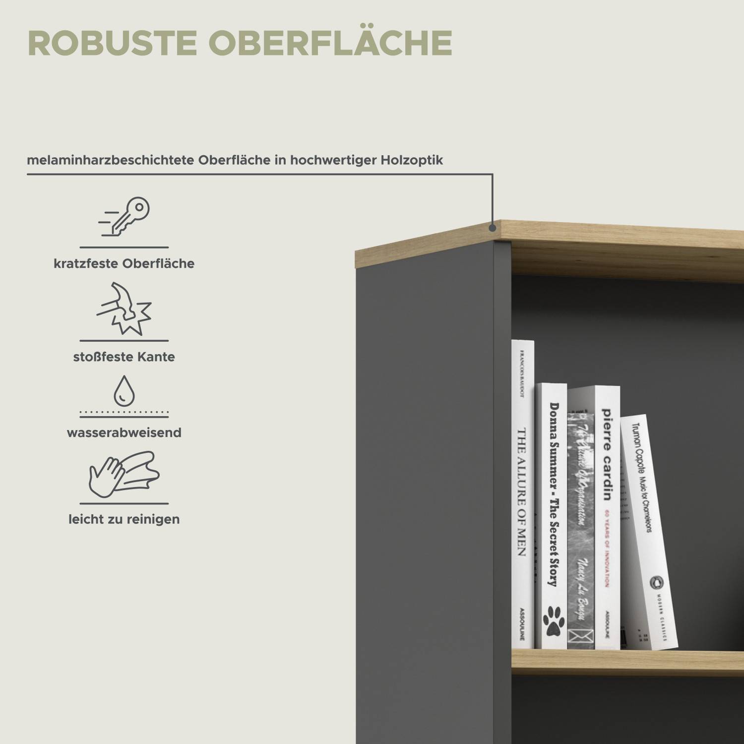 Robuste, kratzfeste und wasserabweisende Oberfläche des Büroschranks in Holzoptik – Irysma