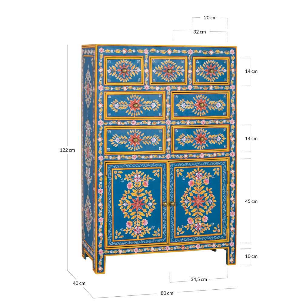 Blaues Highboard mit farbenfrohen floralen Mustern - Vonika