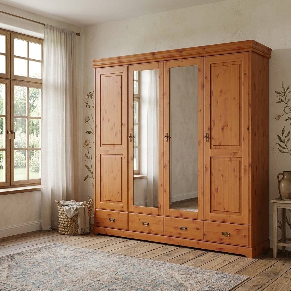 Landhaus Kleiderschrank in Honigfarben mit Spiegel - Lusanne