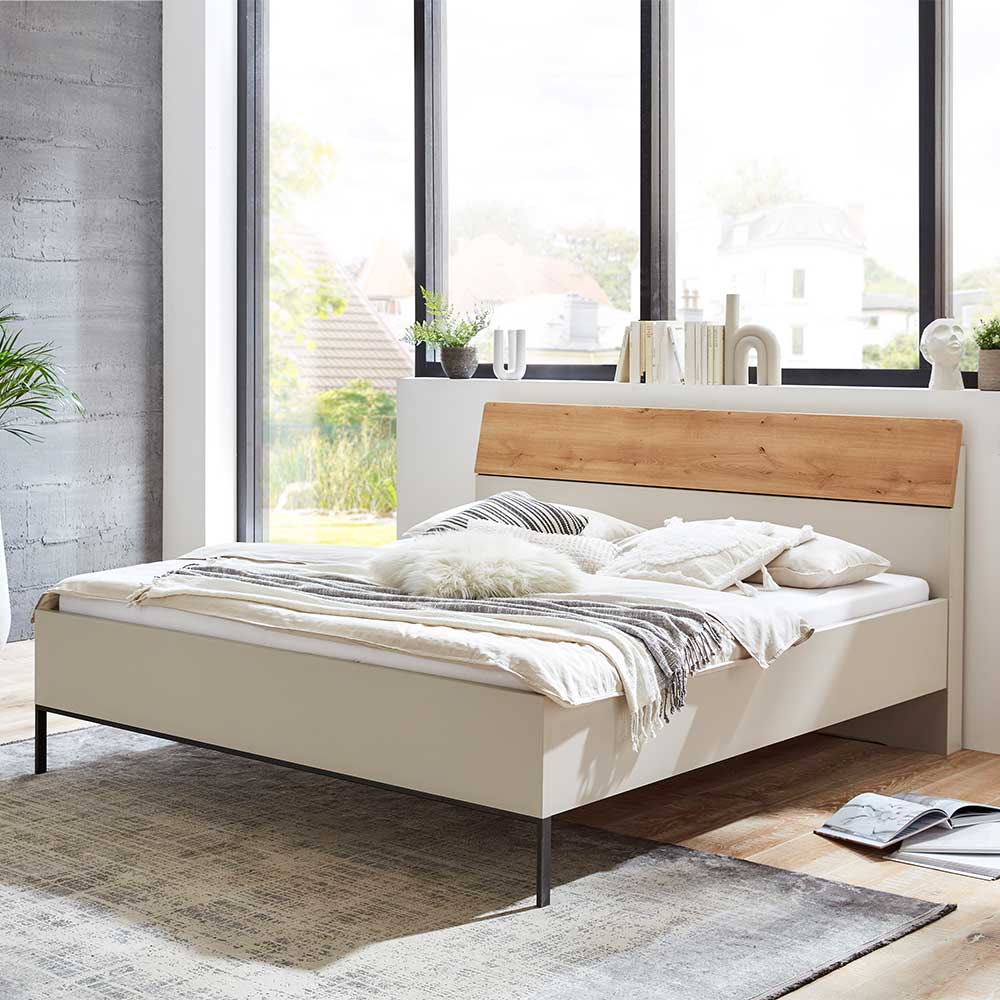 200 cm breites Bett in Beige & Eiche Bianco - Kezmina