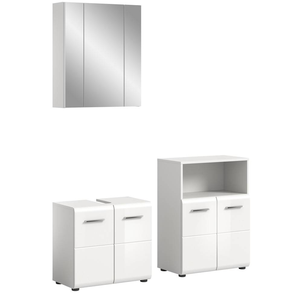 Dreiteiliger weißer Badschrank mit Spiegelschrank und glänzenden Waschtischunterschränken – Clona