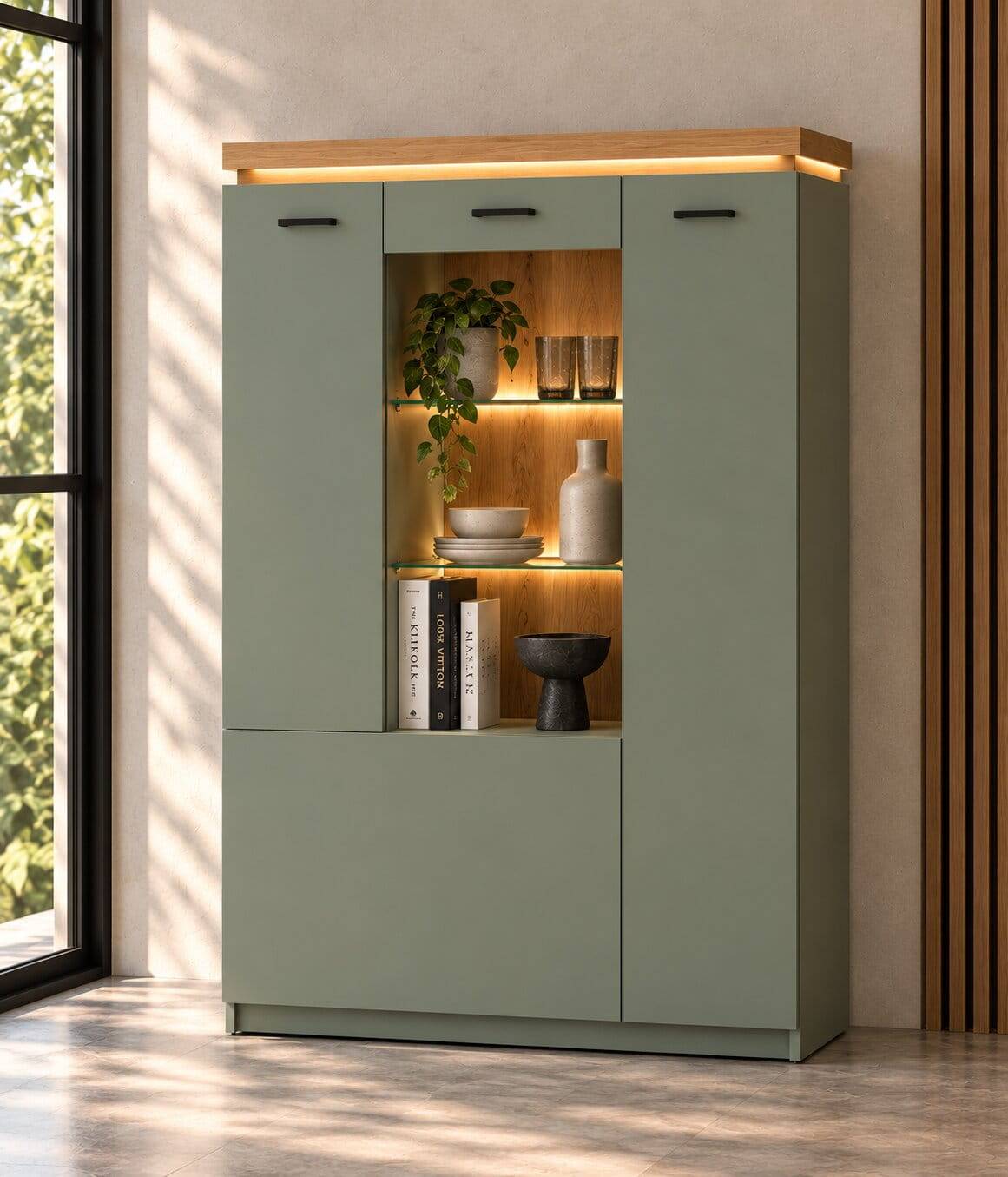 Highboard Vitrine in Graugrün und Eiche - Kwin