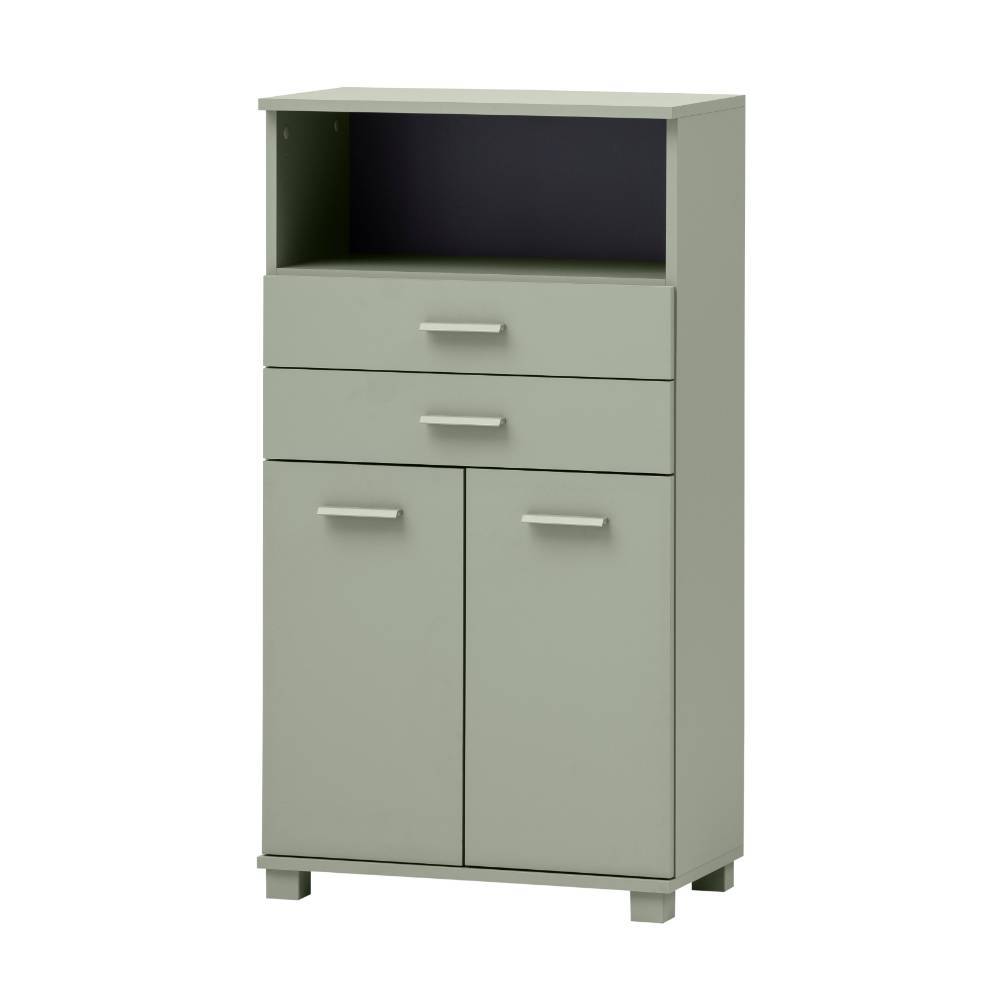 Graugrünes Badezimmer Highboard mit zwei Schubladen und zwei Türen geschlossen – Holin