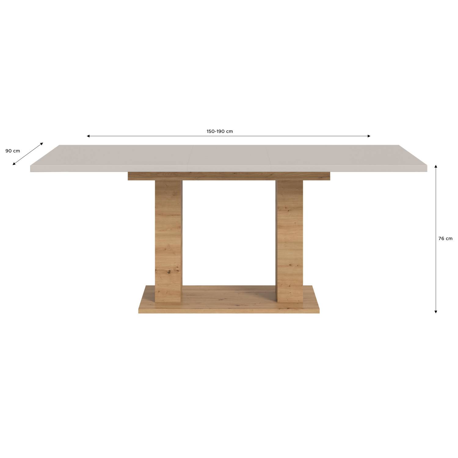 Ausziehbarer Esstisch Shalima in rechteckiger Form mit Maßen 150-190x90x76 cm – Shalima