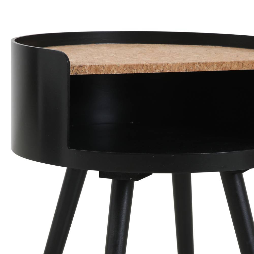 Design-Beistelltisch mit runder Korkplatte und offener schwarzer Ablage – Flacona