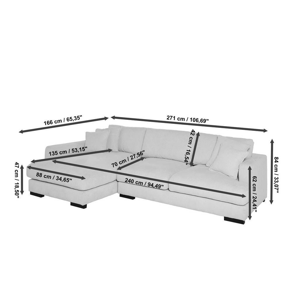 Offwhite Cord Ecksofa mit detaillierten Maßen und Abmessungen f r die Raumplanung – Fiva