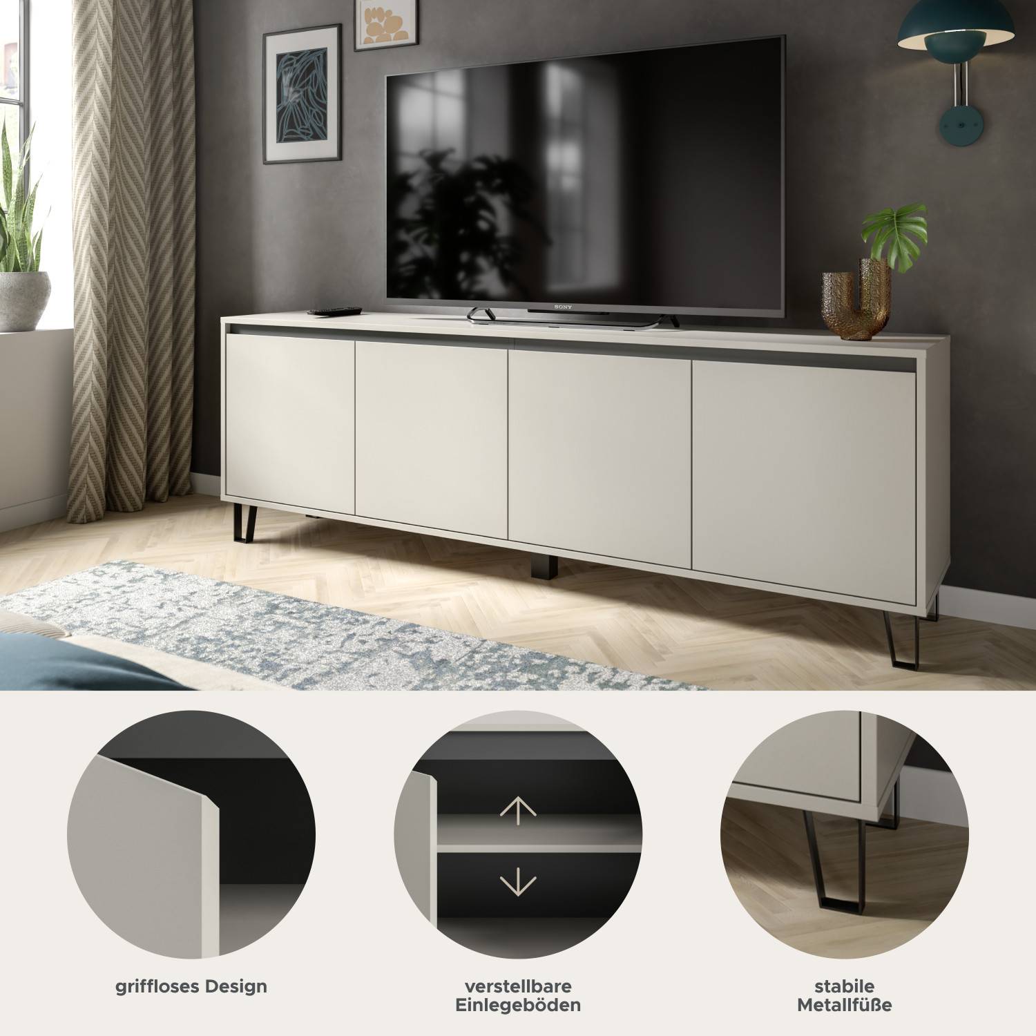 Elegantes TV Möbel mit grifflosen Türen, verstellbaren Einlegeböden und stabilen Metallfüßen – Binocra