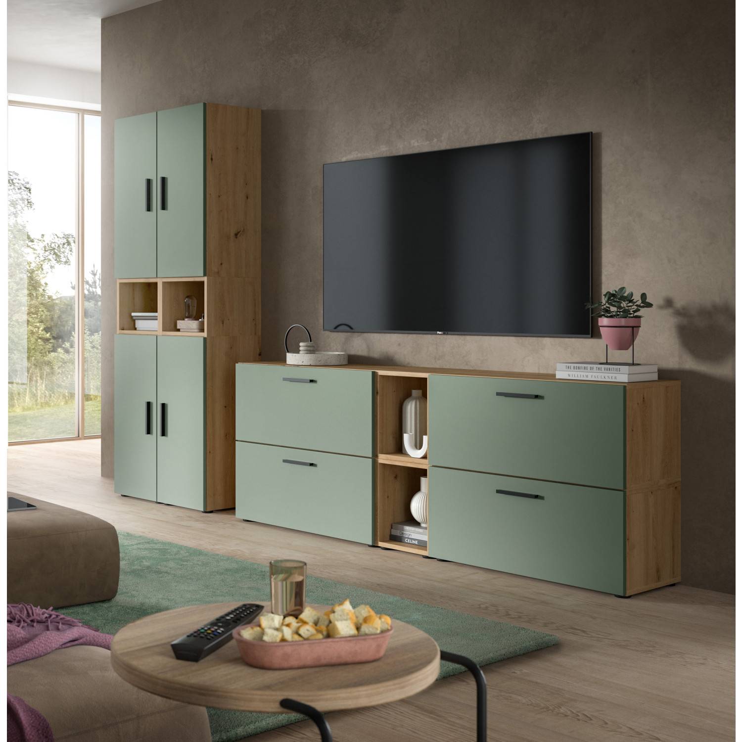 Zweiteilige Anbauwand in Smoke Green und Holzoptik im Wohnzimmer mit TV – Jonni