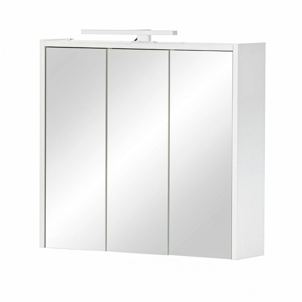 Weißer Bad-Spiegelschrank mit LED Beleuchtung und drei Spiegeltüren geschlossen – Arsenily