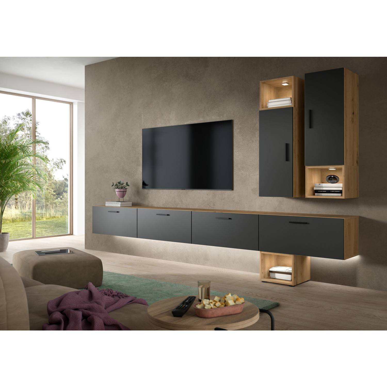 Moderne vierteilige Wohnwand in Holzoptik und Anthrazit mit LED-Beleuchtung im Wohnzimmer – Estoron