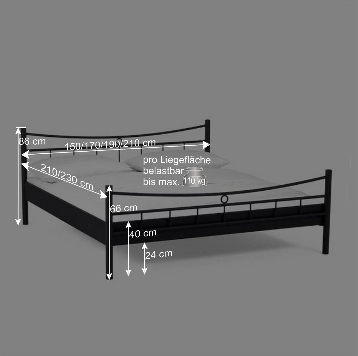 Doppelbett Carlovac aus schwarzem Metall (dreiteilig)