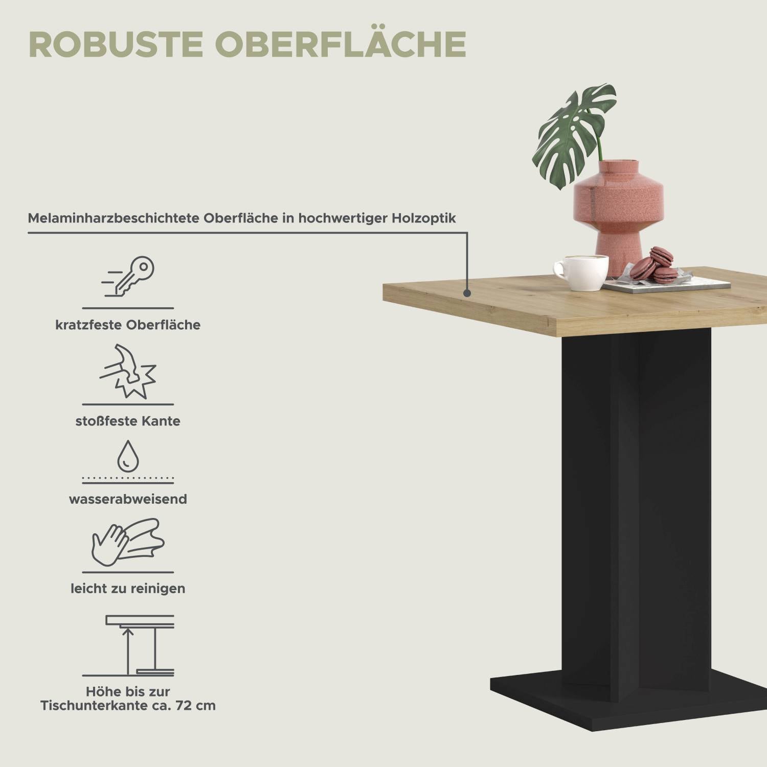 Esstisch mit robuster, kratzfester und wasserabweisender Melaminharz-Oberfläche in Holzoptik – Norjan