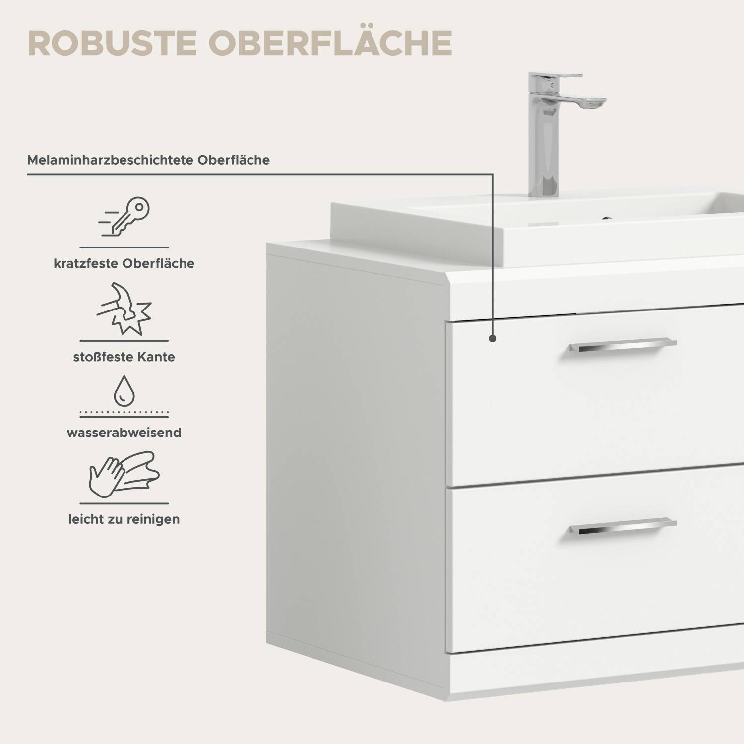 Robuste, kratzfeste und wasserabweisende Melaminharz Oberfläche für pflegeleichte Badmöbel – Nanila