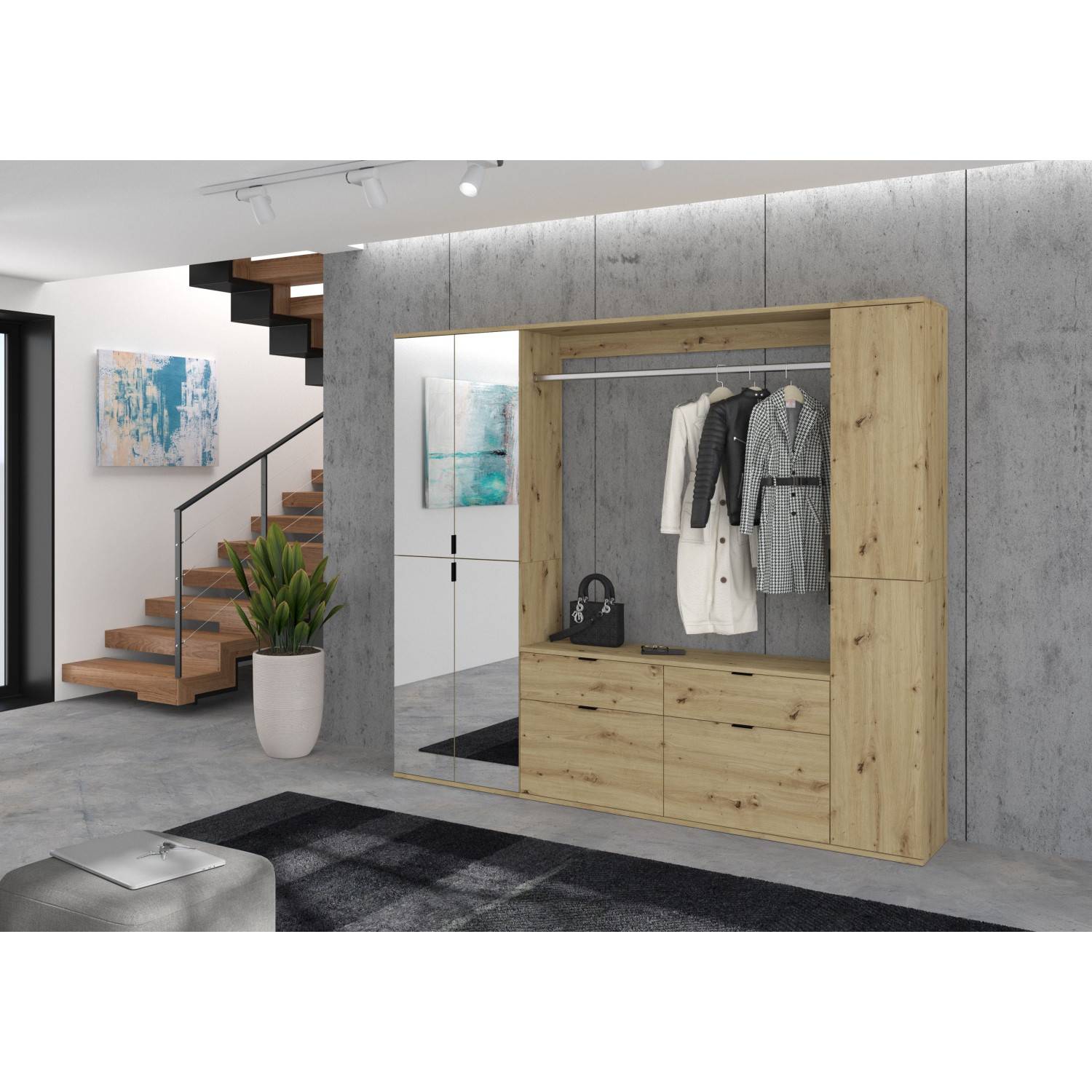 Moderner Flurschrank in Holzoptik mit Spiegel, Kleiderstange und viel Stauraum für Kleidung – Pretty