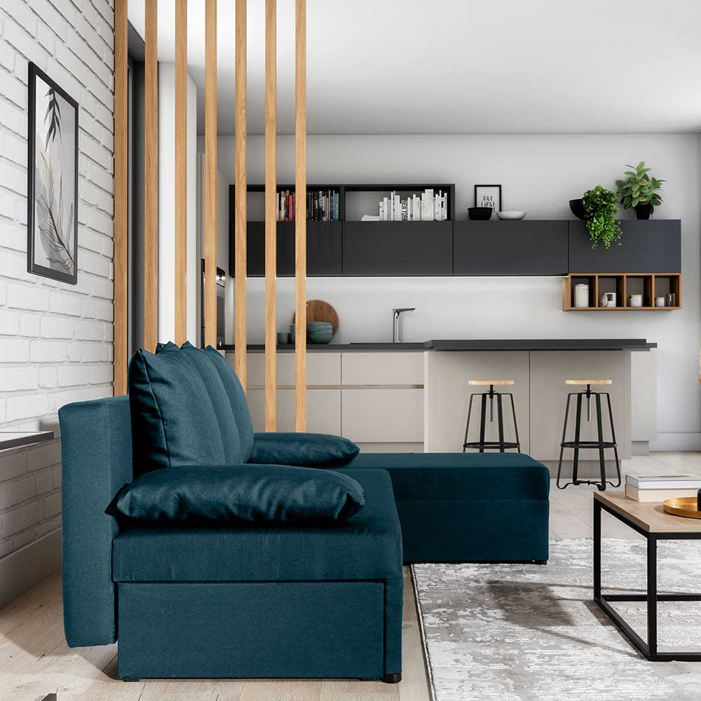 Ecksofa mit Bettfunktion in Dunkelblau Velours - Sempore