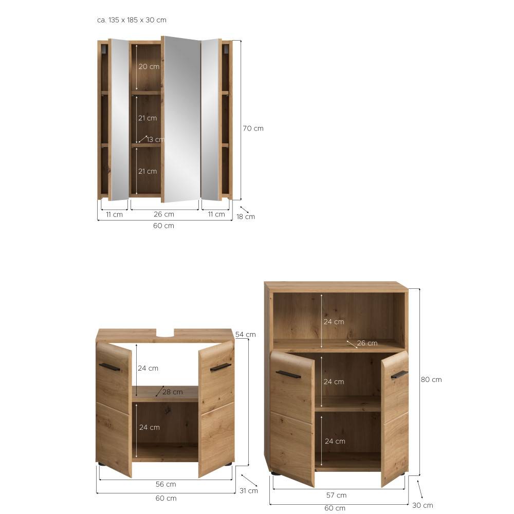 Dreiteiliges Badmöbelset Artisan Oak Maße und Abmessungen für Spiegelschrank und Badschränke – Canopus
