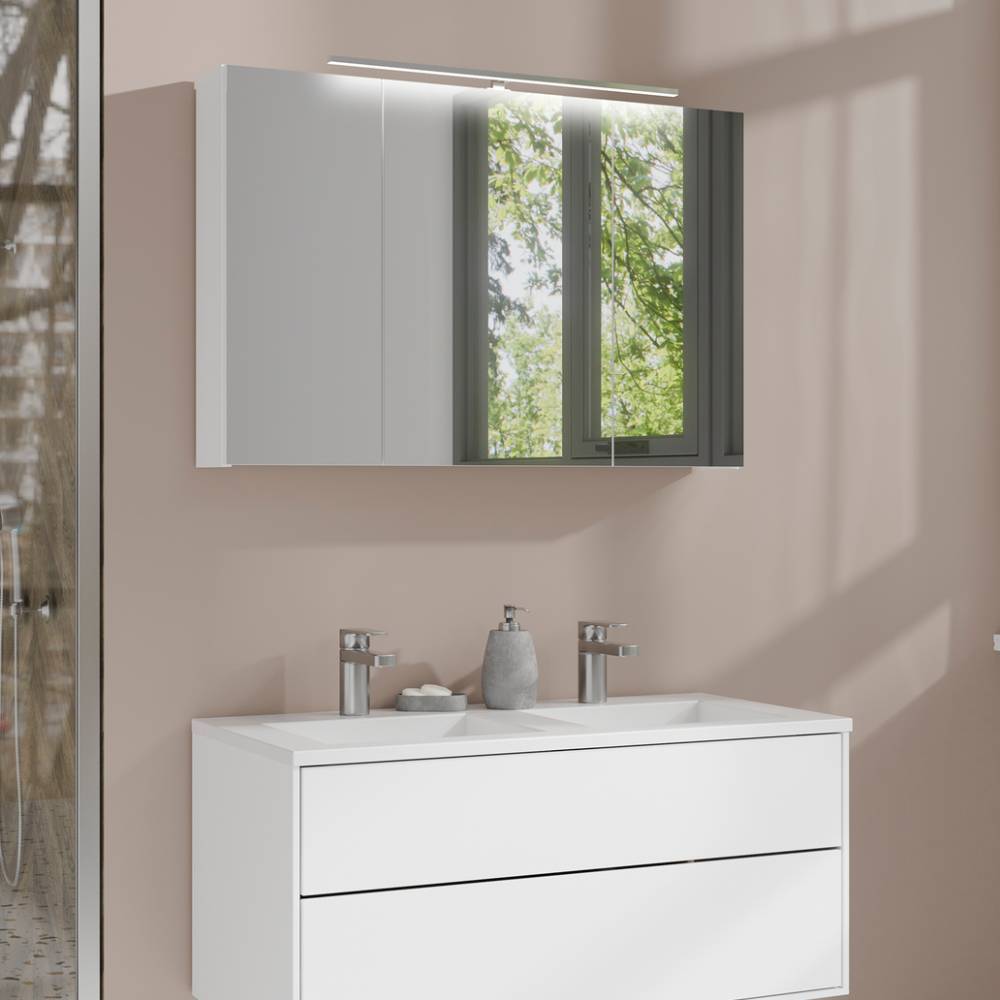 Moderner Badspiegelschrank weiß 90 cm über Doppelwaschtisch im Badezimmer – Just