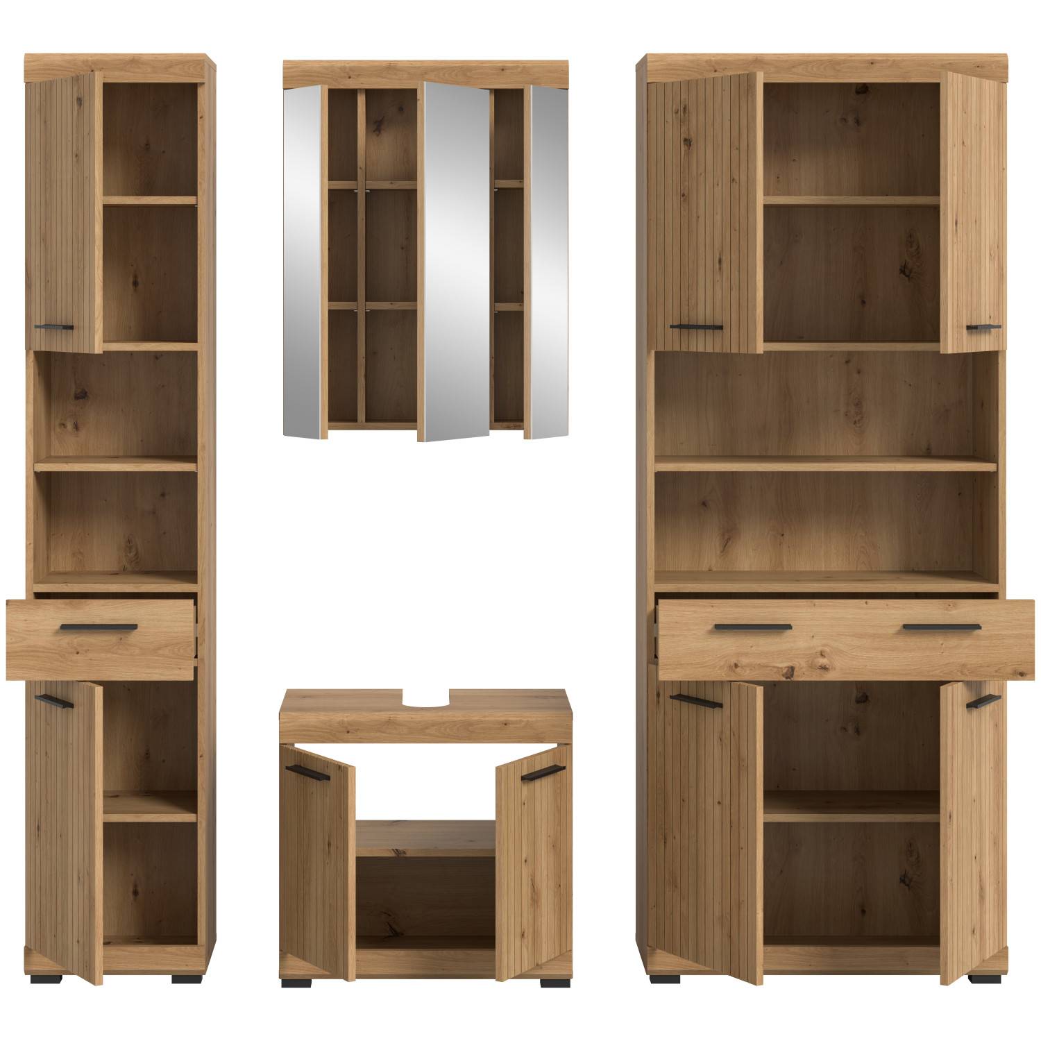 Vierteiliges Badezimmerset in heller Holzoptik mit offenen Türen und Schubladen – Lasewood