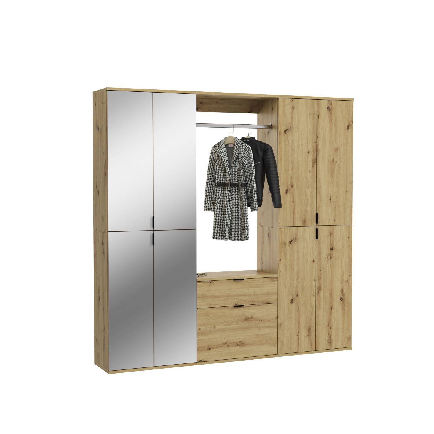 Hohes Garderoben Set mit Spiegeltüren, Kleiderstange und Schubladen in Holzoptik – Pretty