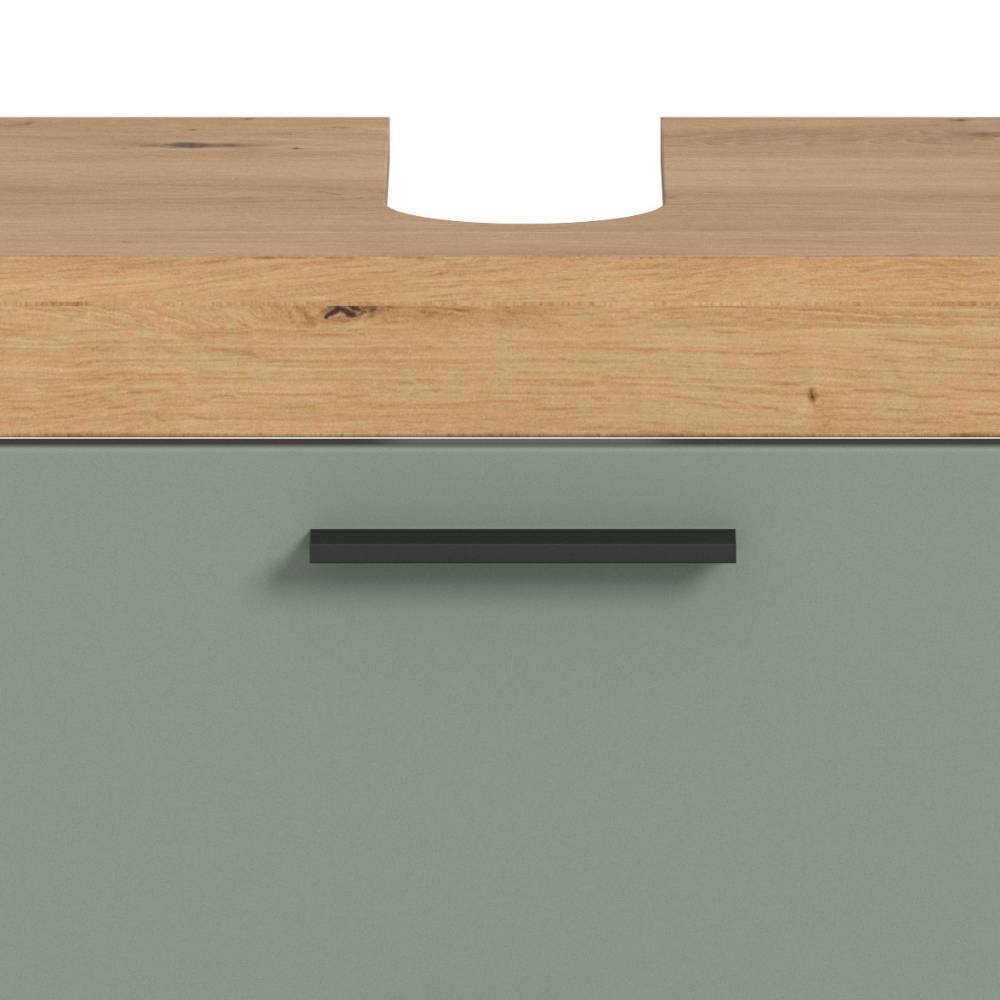 Waschtischunterschrank in Salbeigrün mit Holzplatte und Ausschnitt – Tamdato