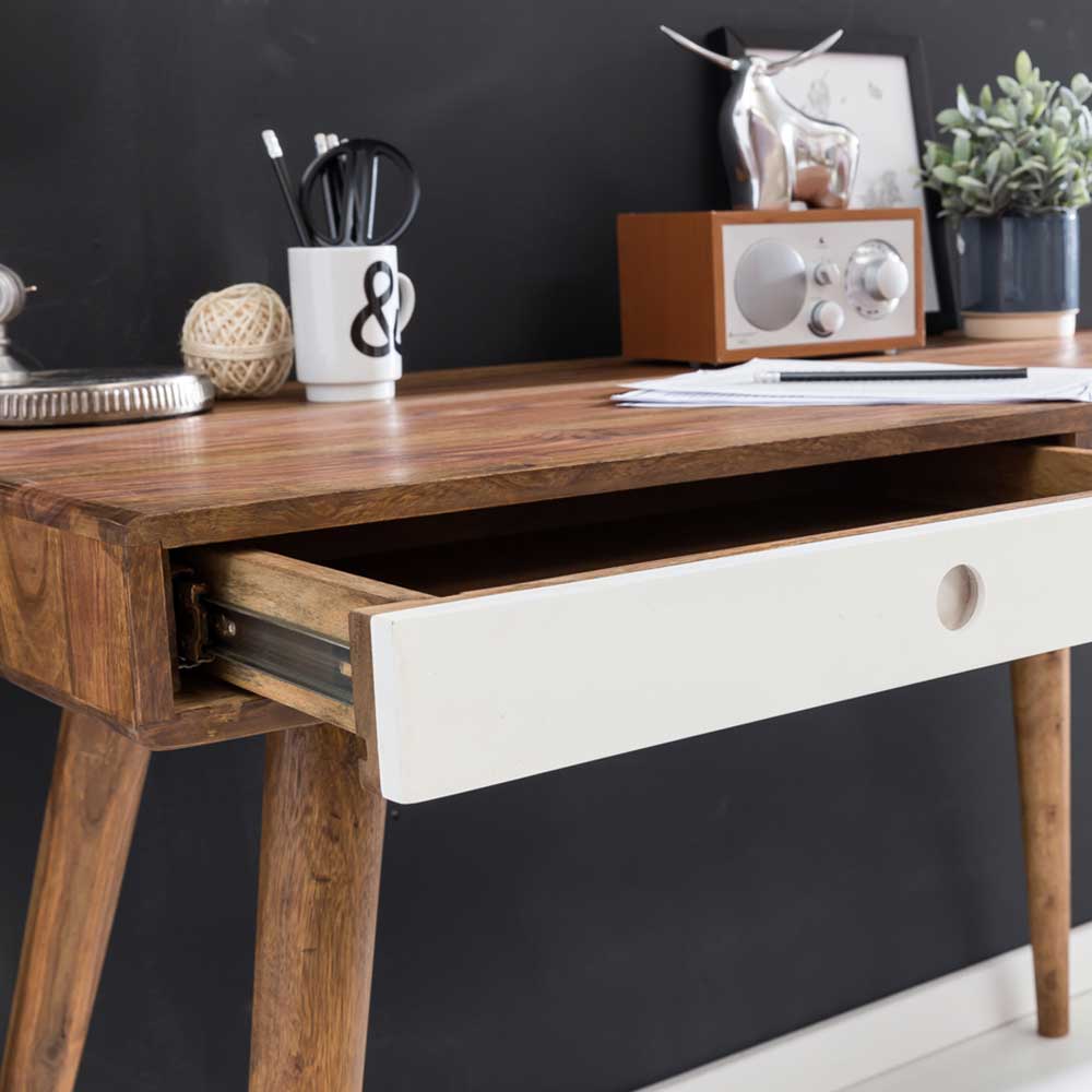 Massivholz Schreibtisch aus Sheesham in Natur & Weiß - Cospic