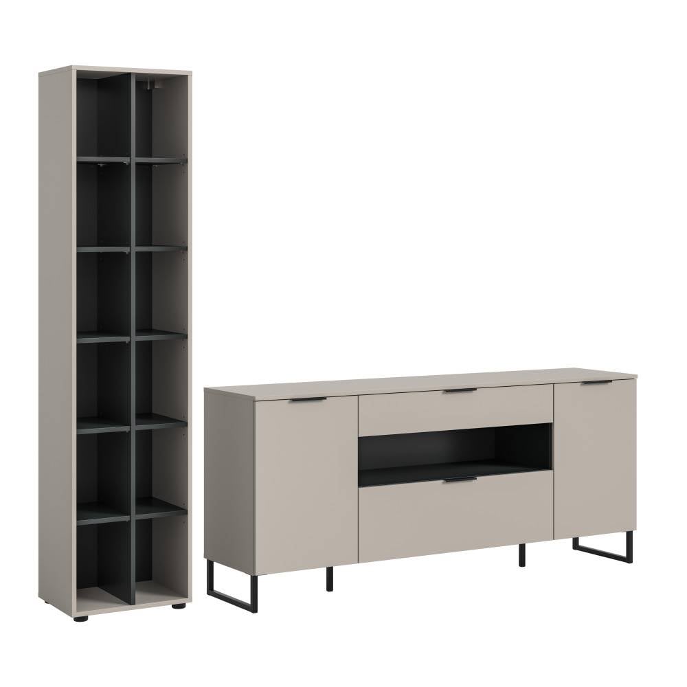 Zweiteilige Schrankwand mit hohem Regal und Sideboard auf schwarzen Metallfüßen in Beige – Ostinia