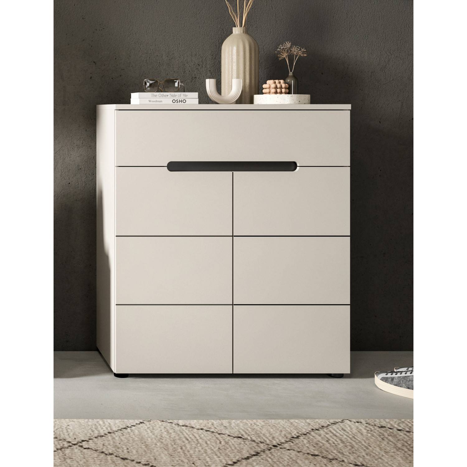 Beige Flurkommode mit sechs Fächern und einer Schublade im Detail – Elvadia