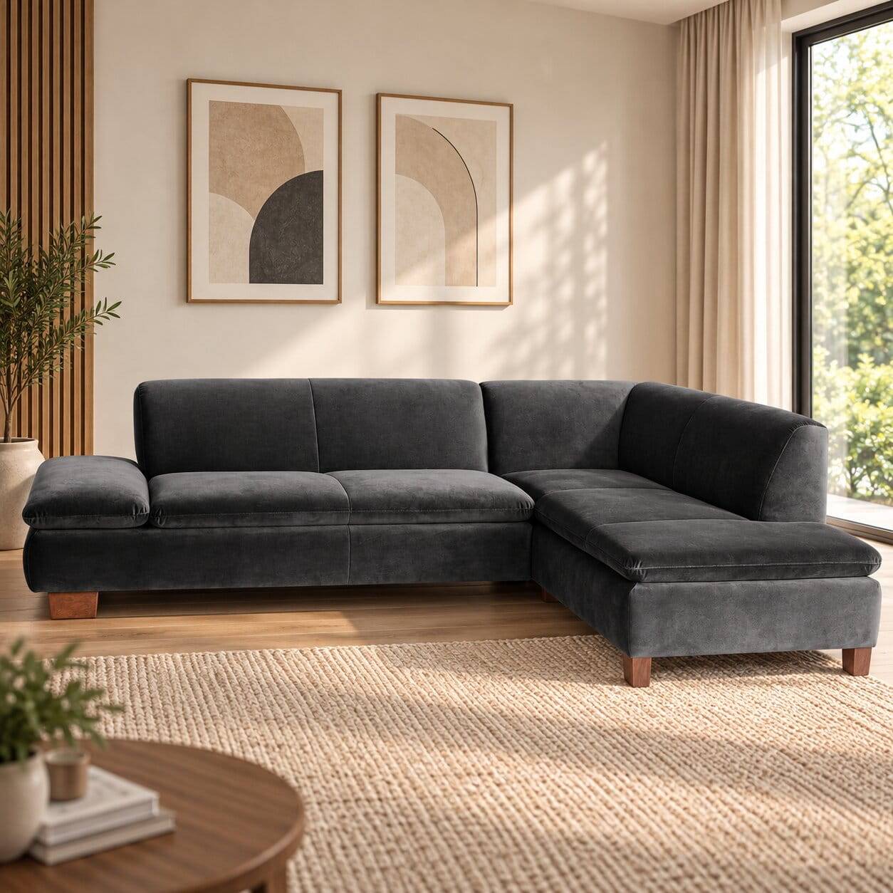 Ecksofa in Schwarz mit Nussbaum Braun - Satira