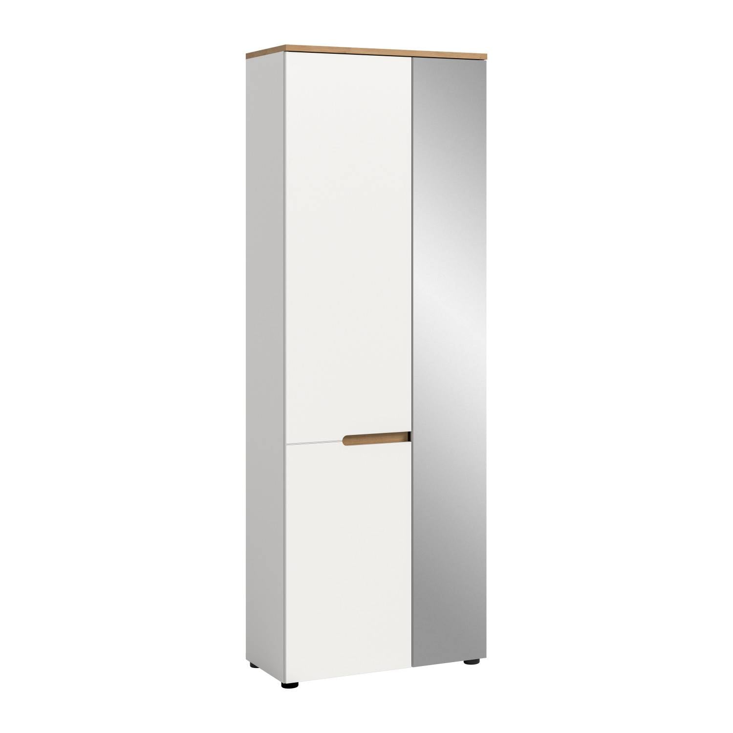 Eleganter schmaler Spiegelschrank weiß mit Spiegeltür und Holzdekor Oberplatte – Sandy