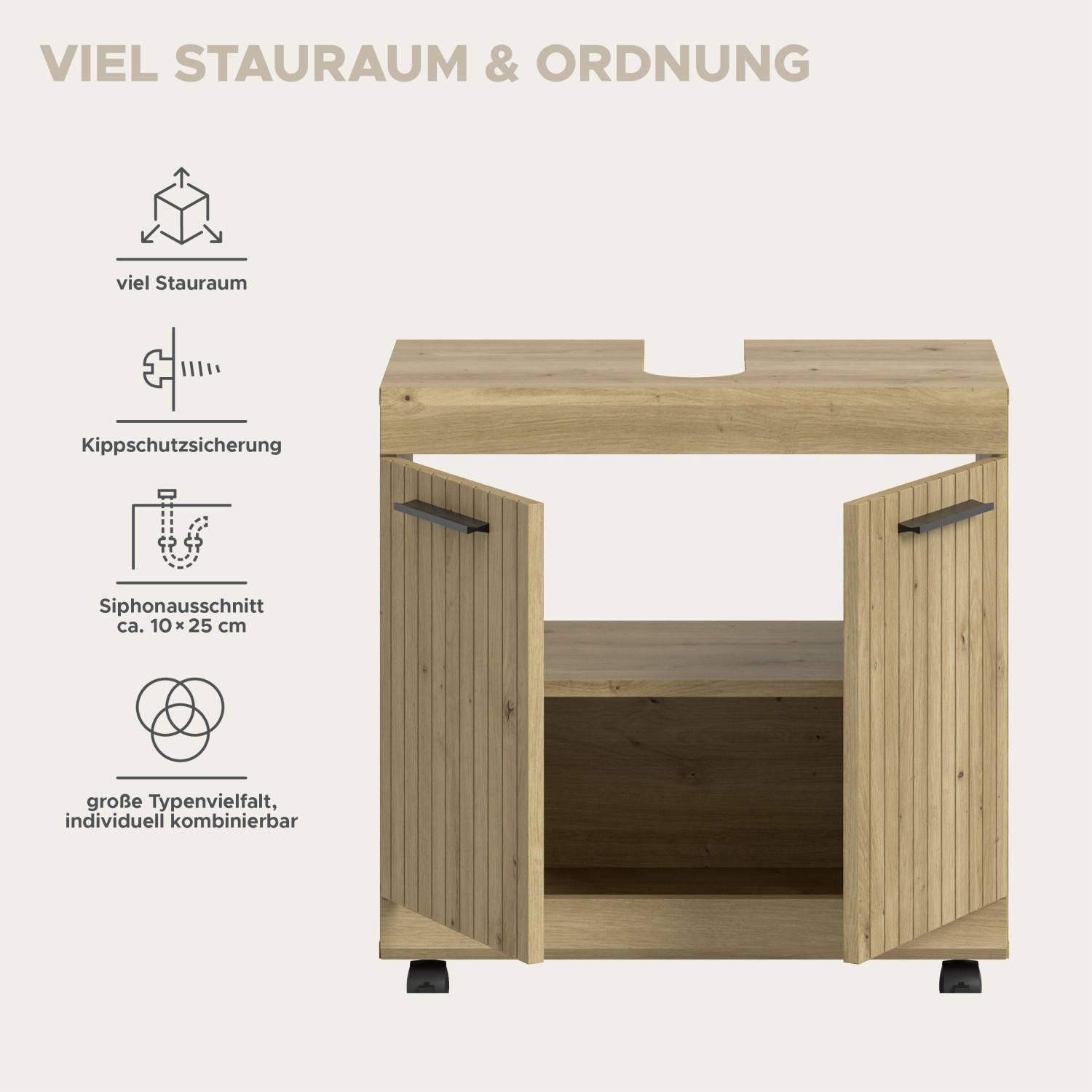 Mobiler Unterbeckenschrank offen mit Stauraum und Siphonausschnitt, Details zu Kippschutz – Lasewood