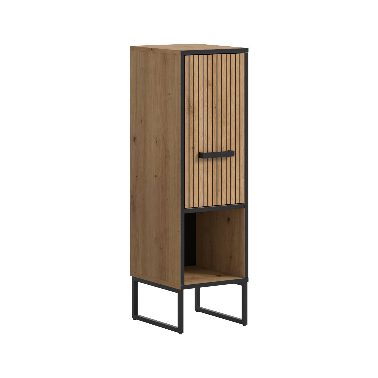 Schmaler Midischrank Bad mit Eichen-Optik, Rillenfront und offenem Fach – Brutannia